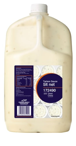 Creamy and zesty Sauce Tartare in a 5L bottle, perfect for enhancing seafood dishes like fish and chips.