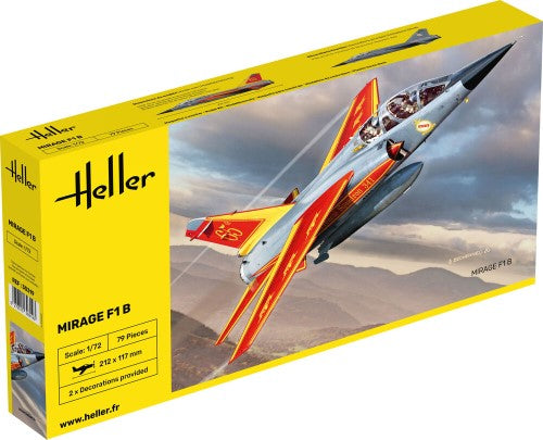 1:72 scale HELLER MIRAGE F1 model kit featuring 79 parts, ideal for aviation enthusiasts and collectors.