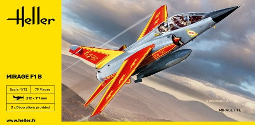 Plastic model kit of HELLER MIRAGE F1B, 1:72 scale, 79 parts, showcasing sleek design for aviation enthusiasts.