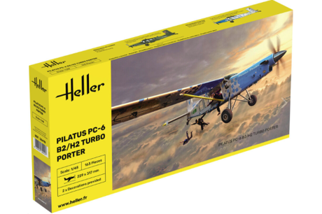 Detailed plastic model kit of Heller Pilatus PC-6 B2/H2 Turbo Porter, featuring 163 parts and 229 mm length for aviation enthusiasts.