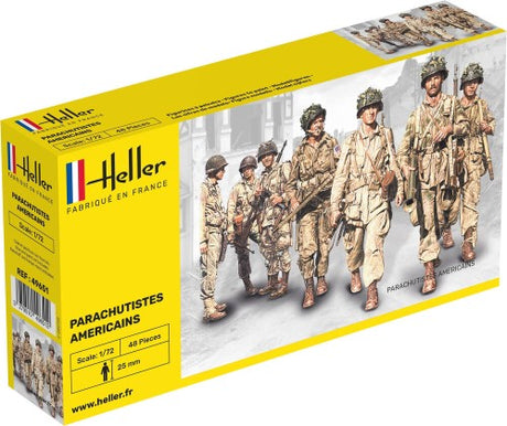 Detailed HELLER 1:72 US Paratroopers plastic model kit, showcasing World War II airborne troops with precision parts and accessories.