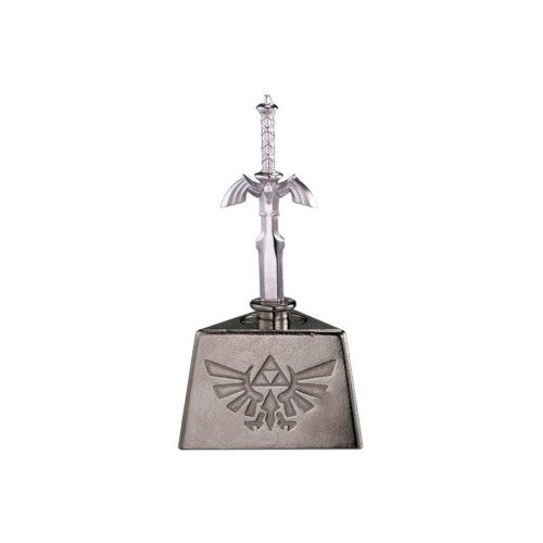 Intricate metal puzzle of the Zelda Master Sword, challenging players to lift it from its pedestal, rated difficulty 6.