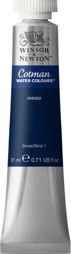 21ml tube of Winsor & Newton Cotman Watercolour in Indigo 322, featuring vibrant color and excellent blending for artists.