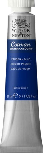 Winsor & Newton 21ml Prussian Blue watercolour tube, ideal for vibrant, smooth applications and blending in artwork.