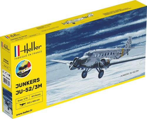 Plastic model kit of the JU-52/3M aircraft, featuring detailed components for building a WWII trimotor plane.