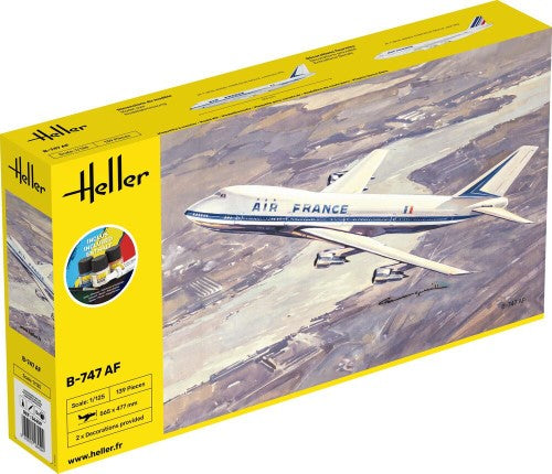 Detailed plastic model kit of Boeing 747 for aviation enthusiasts, includes tools and paints for easy assembly.