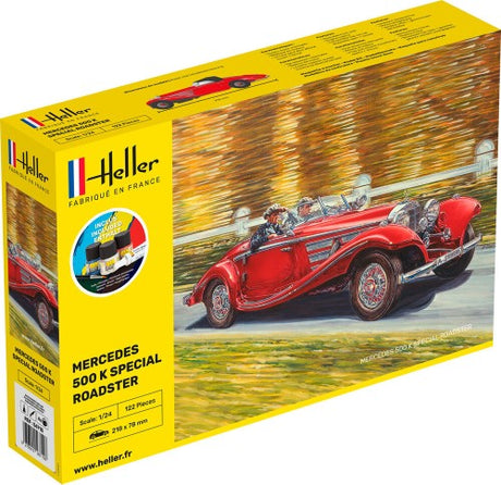 Model kit of the HELLER 500 K SPECIAL ROADSTER, showcasing its iconic design and intricate details for creative building.