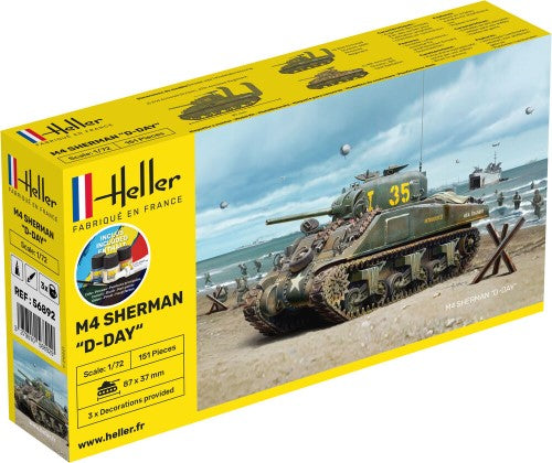 Detailed plastic model kit of the M4 Sherman tank for hobbyists, featuring pre-colored parts and easy assembly instructions.