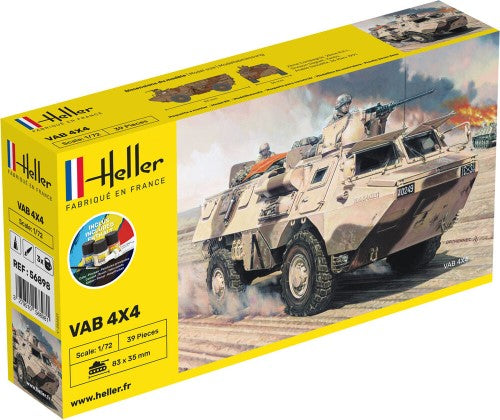 Detailed HELLER STARTER KIT VAB model kit includes tools and paints for assembling a French Army armored vehicle.