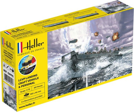 Detailed HELLER LCVP model kit with figures, perfect for recreating WWII Normandy Landings scenes.