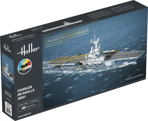 Heller Starter Kit Charles de Gaulle model kit showcasing a detailed 1:400 scale French aircraft carrier for hobbyists.