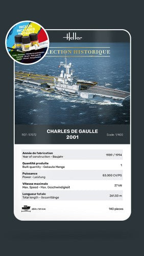 High-detail 1:400 scale model kit of the French aircraft carrier Charles de Gaulle, ideal for beginners and enthusiasts.