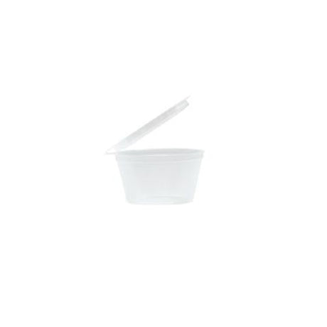 Clear plastic portion cup with lid, 50ml size, ideal for takeaway meals, microwave-safe, and recyclable.