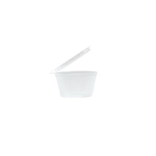 Clear plastic portion cup with lid, 50ml size, ideal for takeaway meals, microwave-safe, and recyclable.