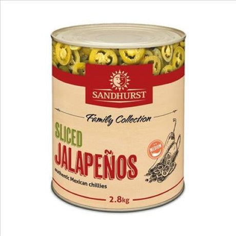 Sliced jalapenos from Sandhurst in 2.8KG pack, ideal for adding heat to nachos, salads, and sandwiches.