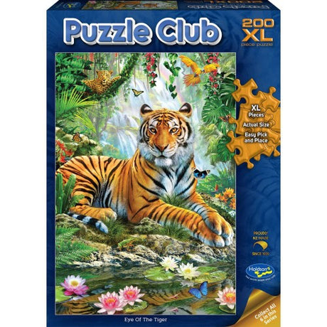 Vibrant 200pc XL jigsaw puzzle featuring a striking tiger design, suitable for ages 7+, crafted in NZ with eco-friendly inks.