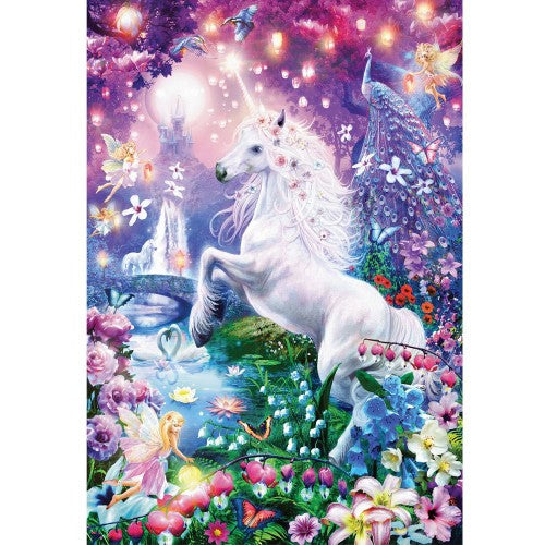 Colorful 200pc XL puzzle featuring unicorns and fairies, designed for ages 7+, made with eco-friendly materials.