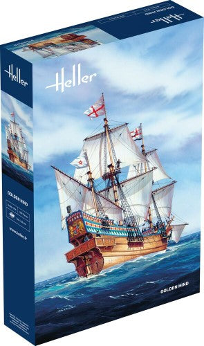 Detailed 1:100 scale model kit of the HELLER GOLDEN HIND, showcasing intricate sails and rigging for history enthusiasts.