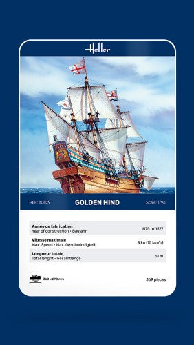 Detailed plastic model kit of the HELLER GOLDEN HIND, capturing Sir Francis Drake's legendary ship in 1:100 scale.