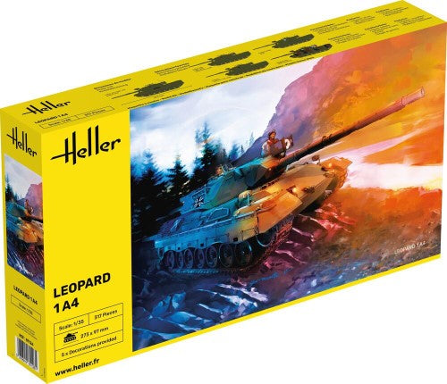 Detailed Heller Leopard 1A4 plastic model kit, 1:35 scale, representing the iconic German main battle tank.