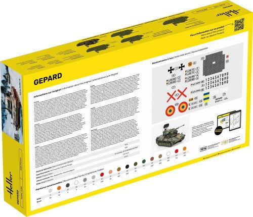 Detailed HELLER GEPARD plastic model kit of a German anti-aircraft tank, featuring twin 35mm autocannons and sleek chassis.