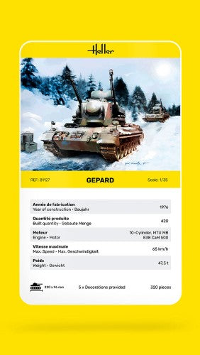 Detailed HELLER GEPARD plastic model kit of the iconic German anti-aircraft tank with twin 35mm cannons and sleek design.