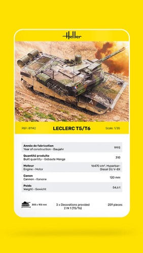 Detailed HELLER LECLERC T5/T6 plastic model kit showcasing the iconic modern tank with advanced armor and mobility features.