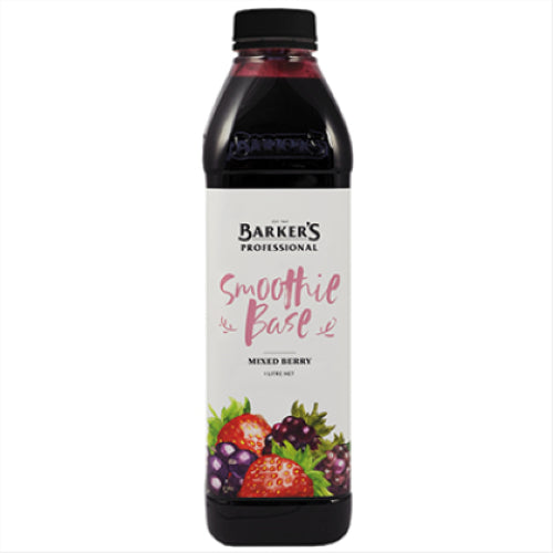 A 1L bottle of Barkers' Smoothie Base Mixed Berry, showcasing a glossy deep crimson color, perfect for smoothies and cocktails.