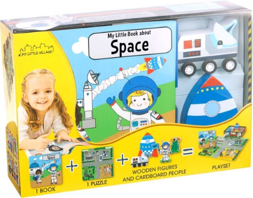 Colorful wooden space-themed toys and vibrant puzzle, enhancing learning and imaginative play for ages 3-5.