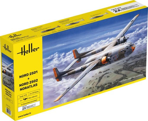 Model kit showcasing the HELLER NORD2501 + NORD 2502 NORATLAS, a historic French military transport aircraft.