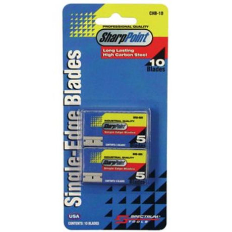 Card of 10 PHC Single Edge Razor Blades, ultra-sharp, carbon steel, ideal for scraping and cutting in various applications.