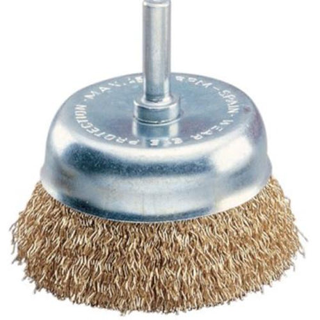 Jaz Cup Brush with 50mm diameter, 0.3mm bristles, for rust and paint removal, fits 6mm drills, ideal for surface preparation.