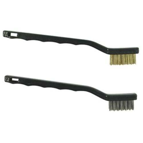 Compact brass wire brush for precision cleaning, featuring stiff bristles for minimal scratching on delicate surfaces.