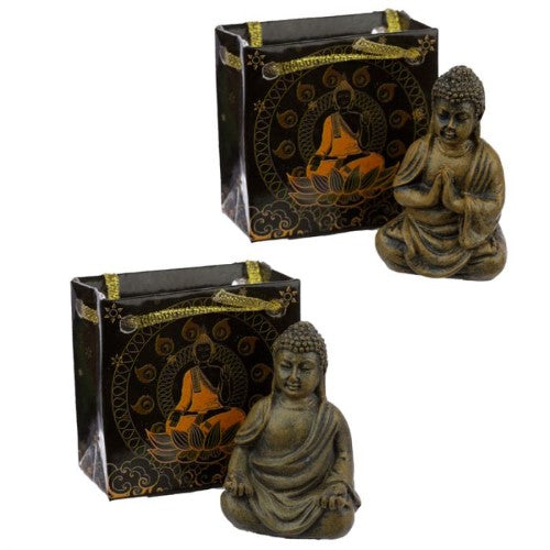 Set of 24 mini Thai Buddha figures in gift bags, symbolizing peace and elegance for decor or gifts.