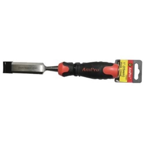 AmPro 25mm wood chisel with chrome vanadium steel blade and ergonomic soft-grip handle, perfect for precision woodworking.