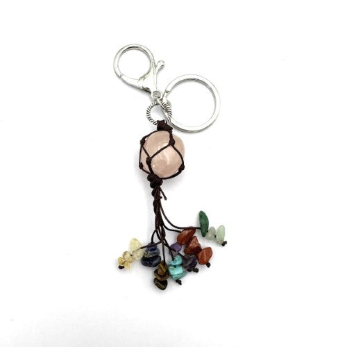 Set of 6 Chakra keyrings featuring Rose Quartz, promoting balance, love, and emotional healing, each 13cm long.