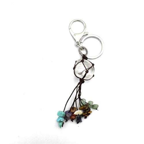 Chakra Keyring Set of 6 featuring Clear Quartz, promoting energy balance and mindfulness, each 13cm with vibrant chakra colors.