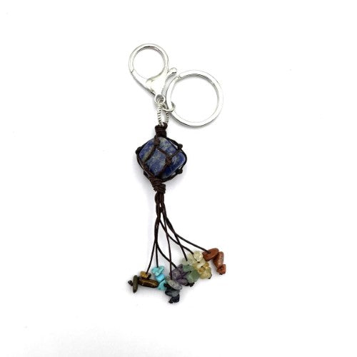 Set of 6 chakra keyrings made of lapis lazuli, enhancing spiritual connection and energy flow with deep blue hues.