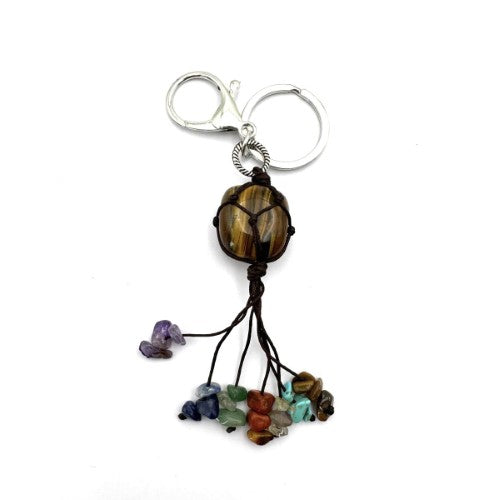 Set of 6 Tiger Eye chakra keyrings, 13cm each, promoting balance, mental clarity, and stylish organization.