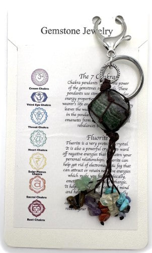 Set of 6 vibrant Fluorite chakra keyrings, each 13cm, perfect for energy balance and spiritual wellness.