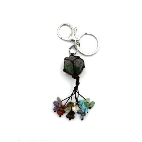 Chakra keyring set of 6 with unique Fluorite stones in green and purple, perfect for energy balance and personal style.