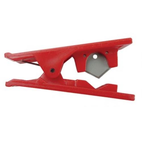 Compact plastic tube cutter for clean cuts on 6 to 9.5 mm tubing, featuring an ergonomic handle for comfort and precision.