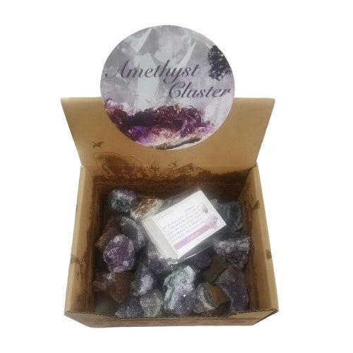 Amethyst clusters in varying shapes, 3-4cm, packed in a display box with a description card for home decor and spiritual practices.