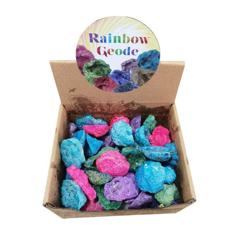 Aura Plated Half Cut Crystal Geode pack of 50, 3-4cm, showcasing unique colors and shapes, perfect for crafts and decor.