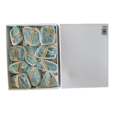 Amazonite Mineral Box containing unique, hand-selected sea-green crystals, perfect for decor and crystal healing, 4-6cm each.