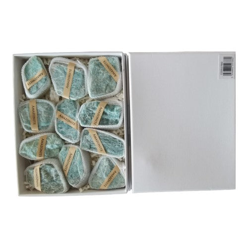 Amazonite Mineral Box containing unique, hand-selected sea-green crystals, perfect for decor and crystal healing, 4-6cm each.