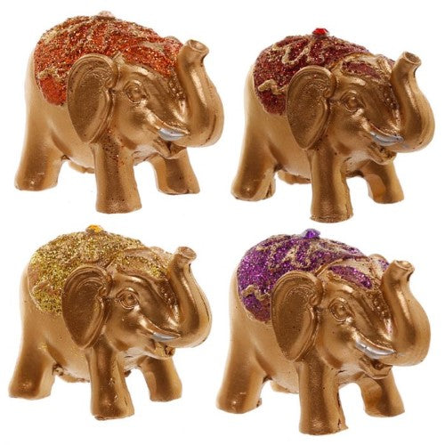 Mini metallic glitter lucky elephants set of 24, each 4cm tall, perfect for decor or gifts, symbolizing good fortune.