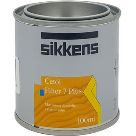 Sikkens Filter 7 Plus Walnut Test Pot for exterior wood protection; translucent finish highlights timber grain while repelling moisture.