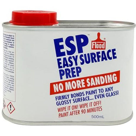 Alt text: "Flood Esp Easy Surface Prep 500Ml bottle, designed for effortless cleaning and preparation of smooth, non-porous painting surfaces."