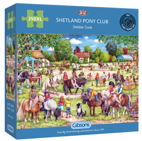 Colorful GIBSONS SHETLAND PONY CLUB jigsaw puzzle featuring 250 extra large pieces for young horse enthusiasts.